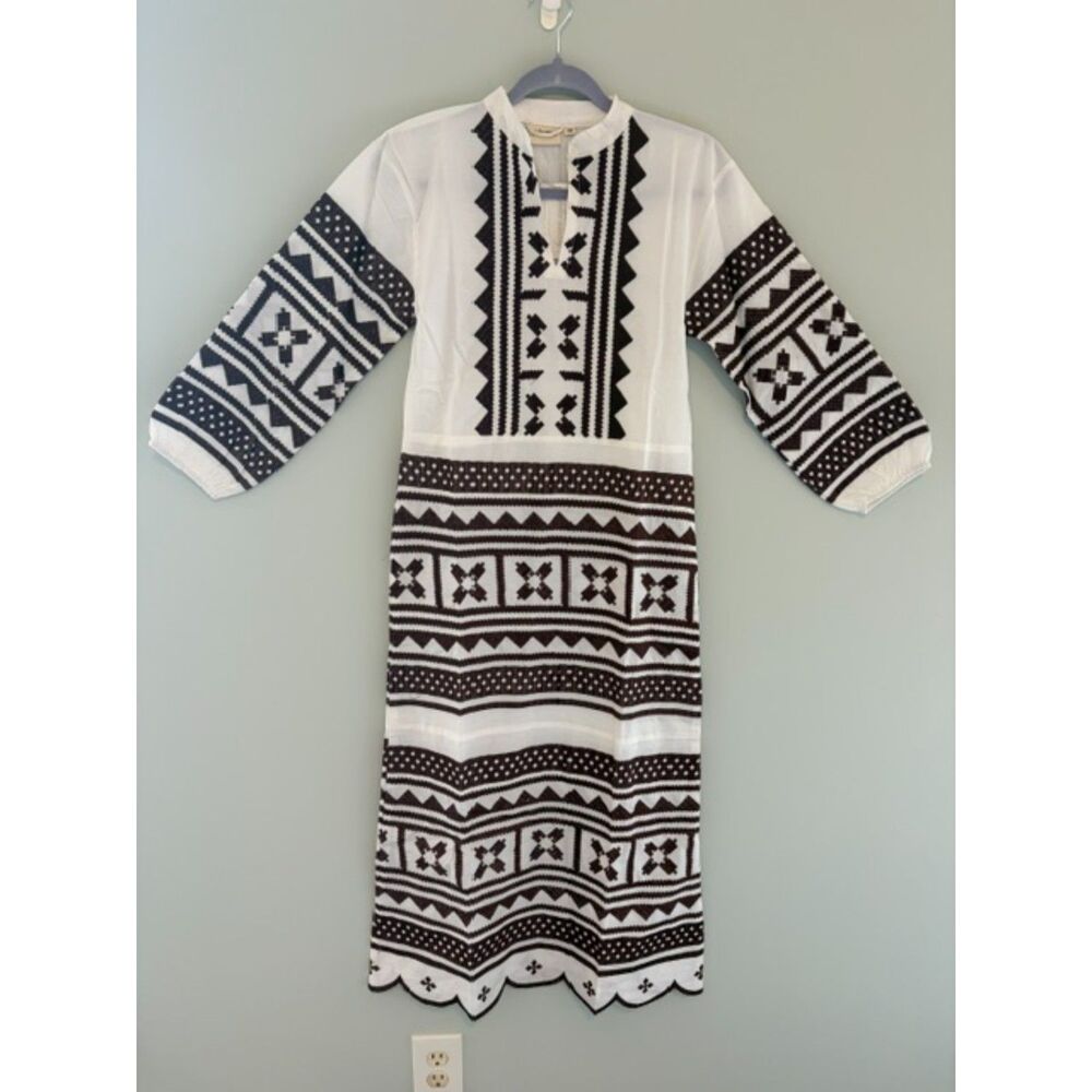 Julia Amory NWT Scalloped Hem Caftan Dress 100% Cotton Embroidered Brown XS